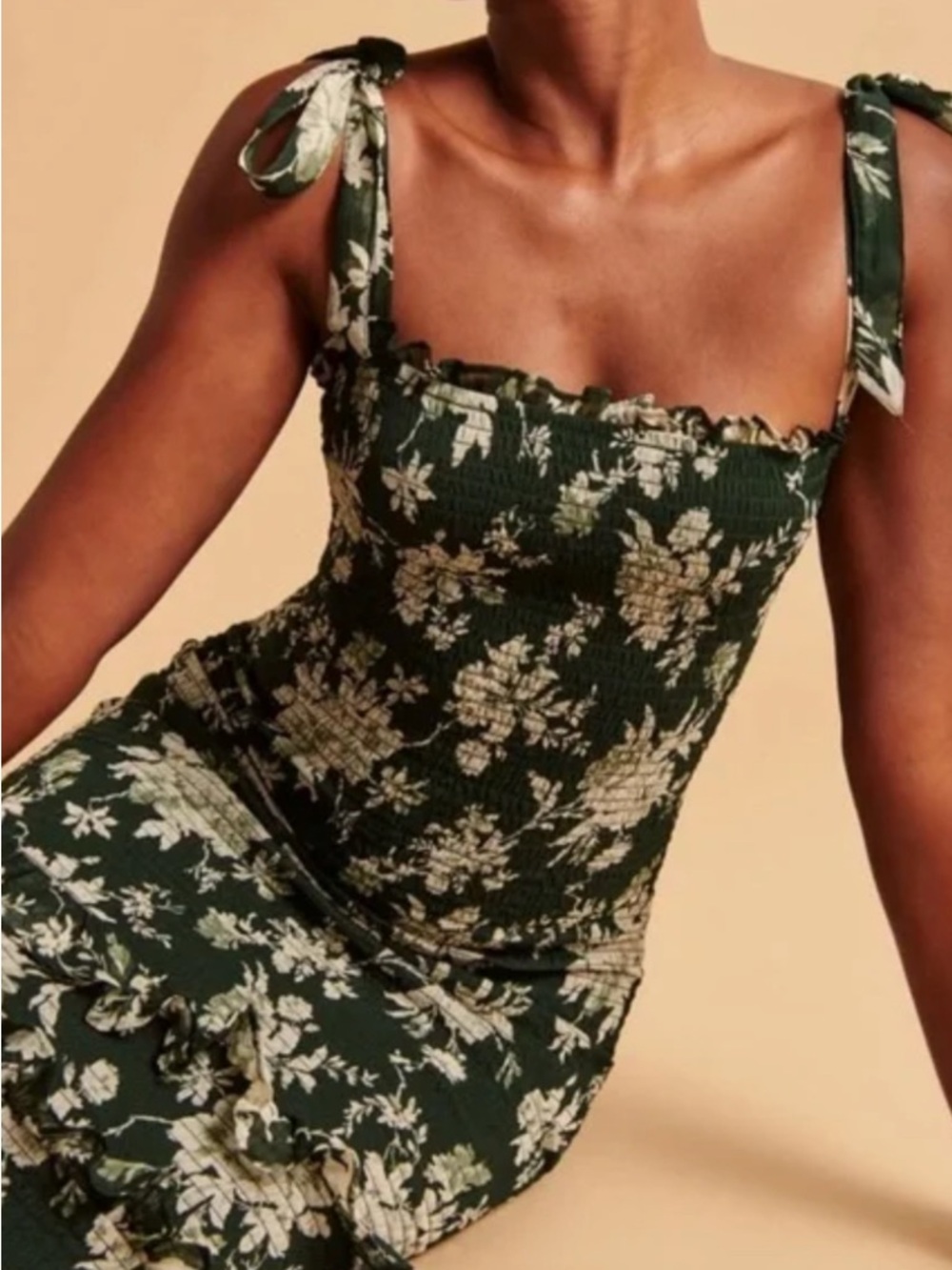 Abercrombie & Fitch Dark Green Floral Tie-Shoulder Midi Dress